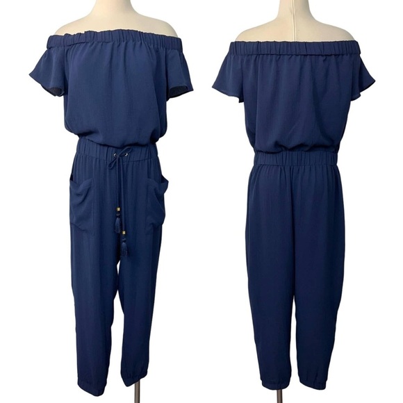 MICHAEL Michael Kors Blue Off-Shoulder Jumpsuit with Flutter Sleeves - Picture 1 of 11